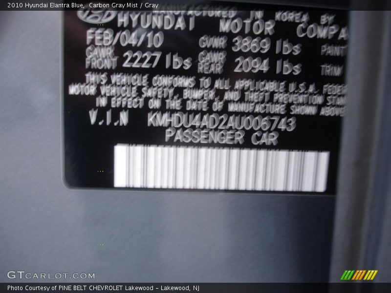 Carbon Gray Mist / Gray 2010 Hyundai Elantra Blue