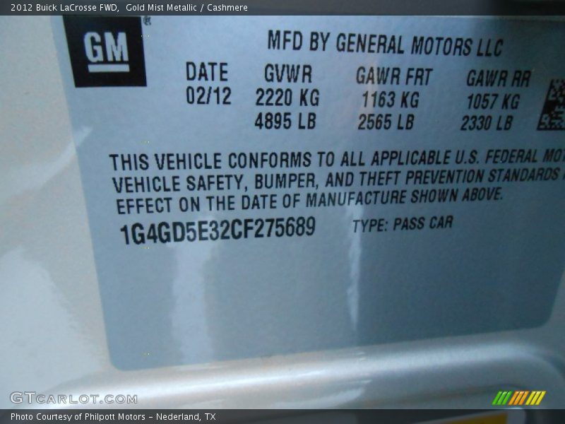 Gold Mist Metallic / Cashmere 2012 Buick LaCrosse FWD