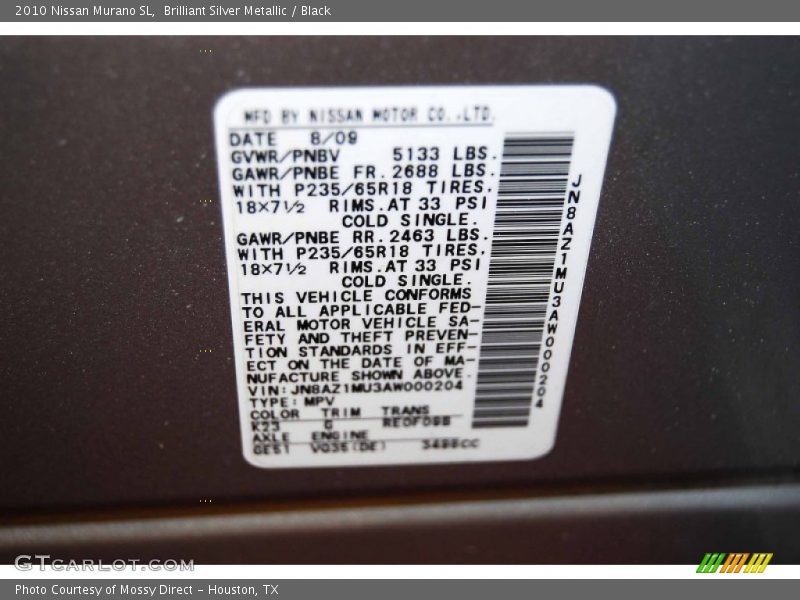 Brilliant Silver Metallic / Black 2010 Nissan Murano SL