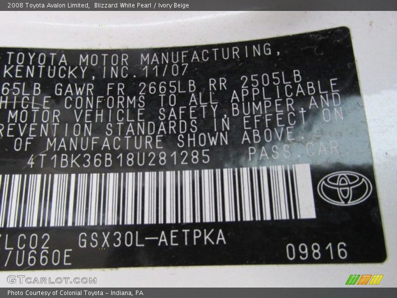 Blizzard White Pearl / Ivory Beige 2008 Toyota Avalon Limited