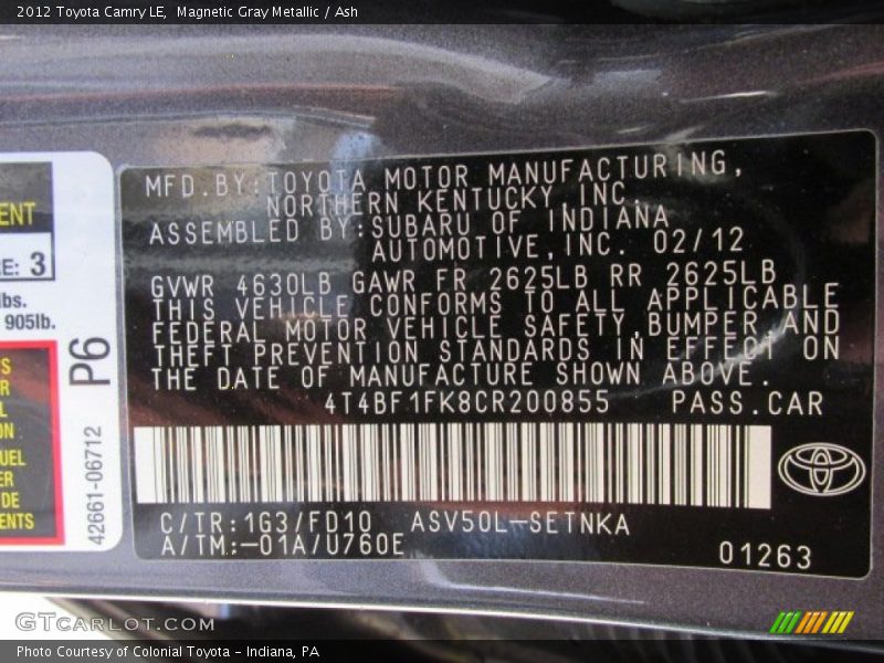 Magnetic Gray Metallic / Ash 2012 Toyota Camry LE
