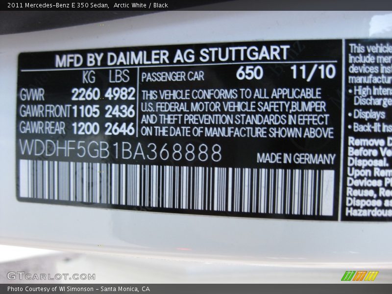 Arctic White / Black 2011 Mercedes-Benz E 350 Sedan