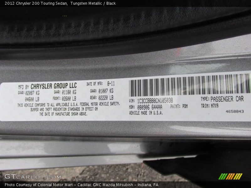 Tungsten Metallic / Black 2012 Chrysler 200 Touring Sedan