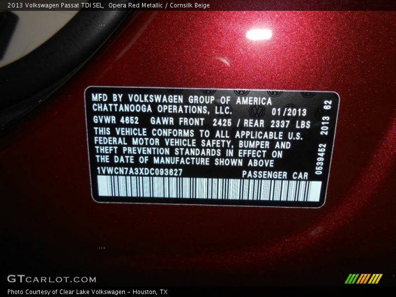 Info Tag of 2013 Passat TDI SEL