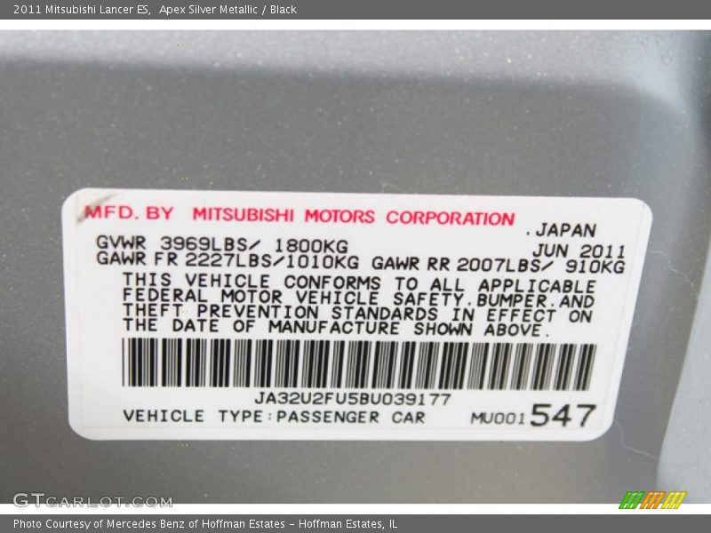 Apex Silver Metallic / Black 2011 Mitsubishi Lancer ES