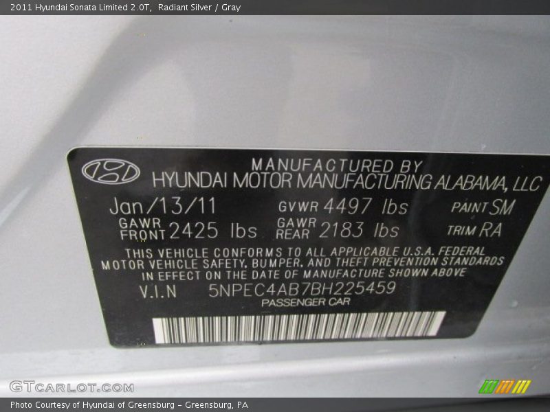 2011 Sonata Limited 2.0T Radiant Silver Color Code SM