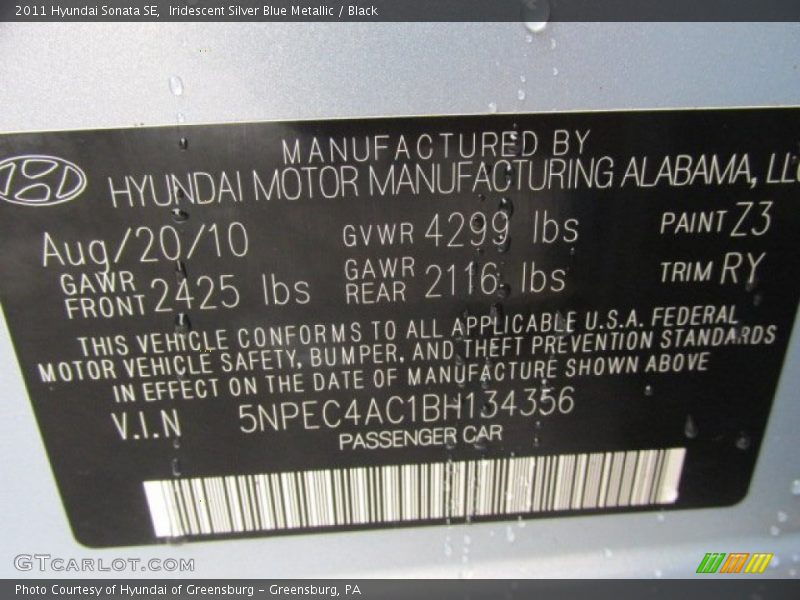 2011 Sonata SE Iridescent Silver Blue Metallic Color Code Z3