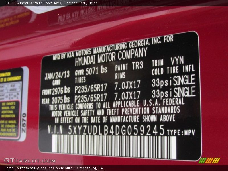 2013 Santa Fe Sport AWD Serrano Red Color Code TR3