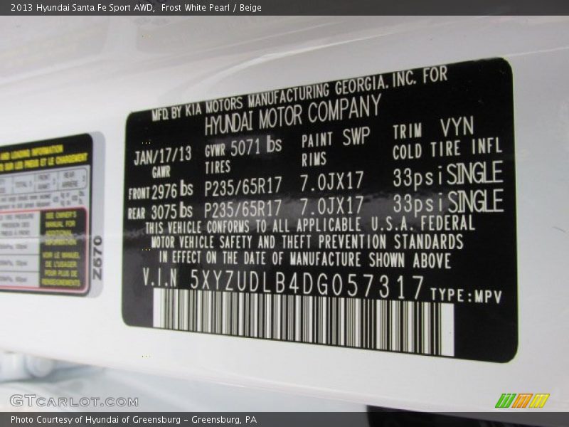 Frost White Pearl / Beige 2013 Hyundai Santa Fe Sport AWD