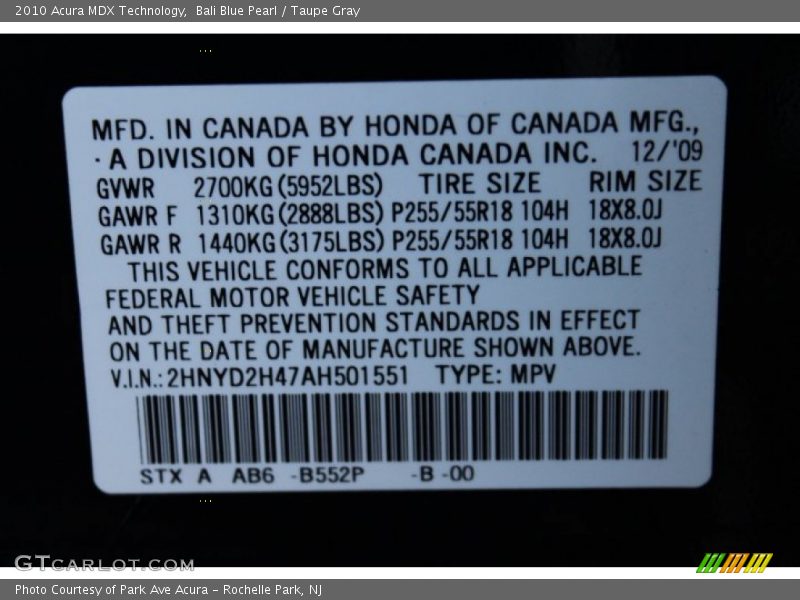 Bali Blue Pearl / Taupe Gray 2010 Acura MDX Technology