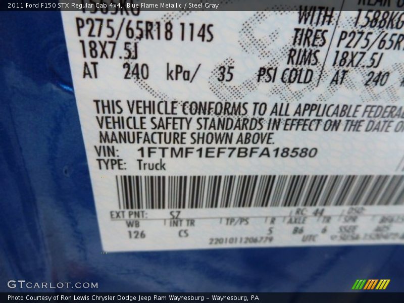 2011 F150 STX Regular Cab 4x4 Blue Flame Metallic Color Code SZ