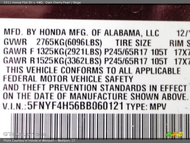 Dark Cherry Pearl / Beige 2011 Honda Pilot EX-L 4WD