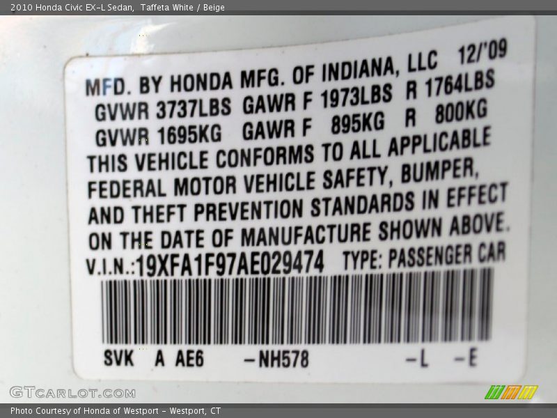 Taffeta White / Beige 2010 Honda Civic EX-L Sedan