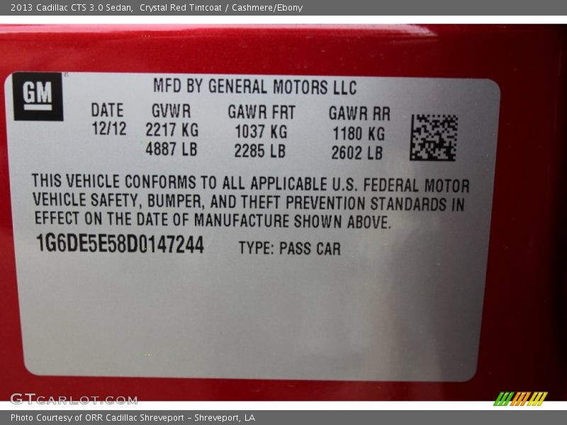 Info Tag of 2013 CTS 3.0 Sedan