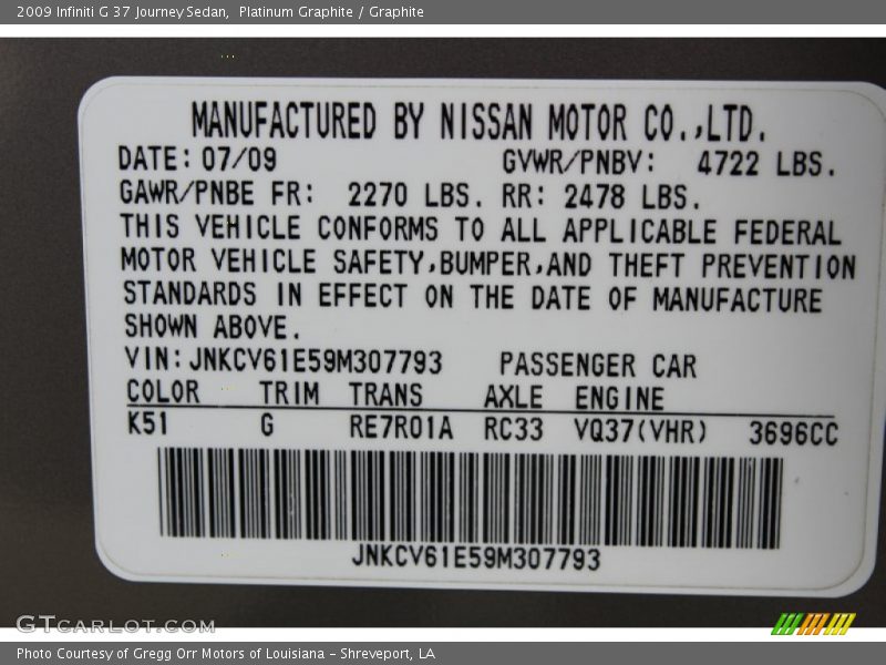 Platinum Graphite / Graphite 2009 Infiniti G 37 Journey Sedan