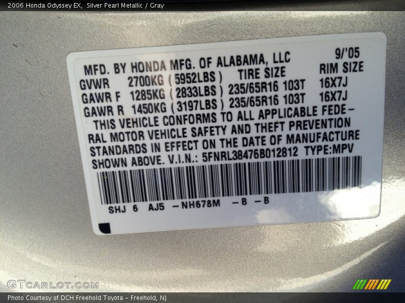 Silver Pearl Metallic / Gray 2006 Honda Odyssey EX