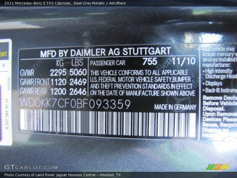 Steel Grey Metallic / Ash/Black 2011 Mercedes-Benz E 550 Cabriolet