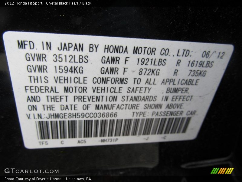 Crystal Black Pearl / Black 2012 Honda Fit Sport