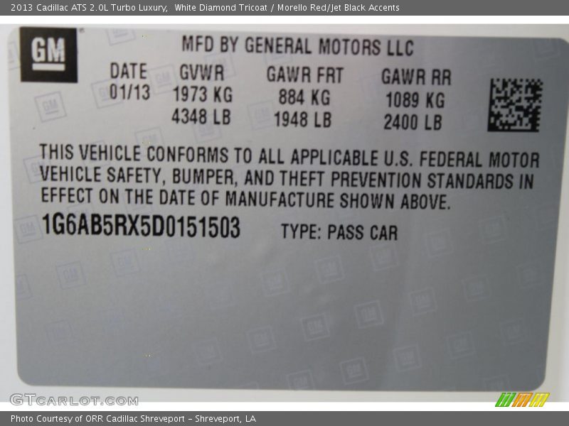 White Diamond Tricoat / Morello Red/Jet Black Accents 2013 Cadillac ATS 2.0L Turbo Luxury