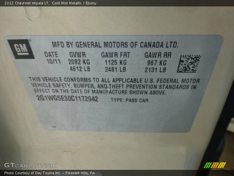Gold Mist Metallic / Ebony 2012 Chevrolet Impala LT