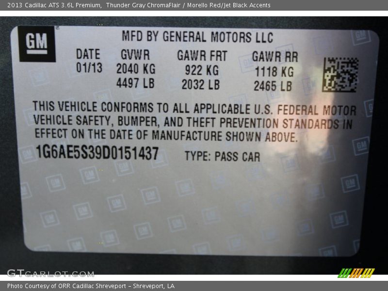 Thunder Gray ChromaFlair / Morello Red/Jet Black Accents 2013 Cadillac ATS 3.6L Premium