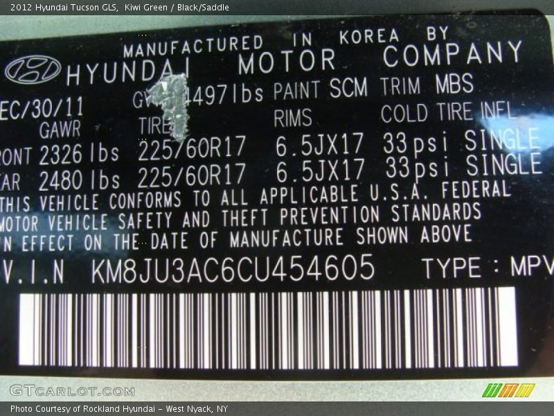 Kiwi Green / Black/Saddle 2012 Hyundai Tucson GLS