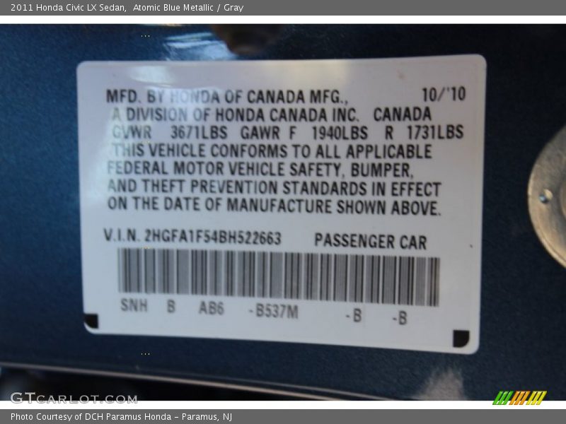 Atomic Blue Metallic / Gray 2011 Honda Civic LX Sedan