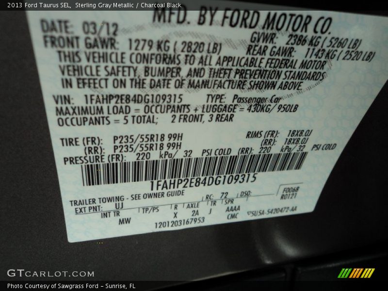 Sterling Gray Metallic / Charcoal Black 2013 Ford Taurus SEL