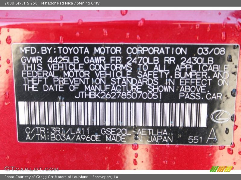 Matador Red Mica / Sterling Gray 2008 Lexus IS 250