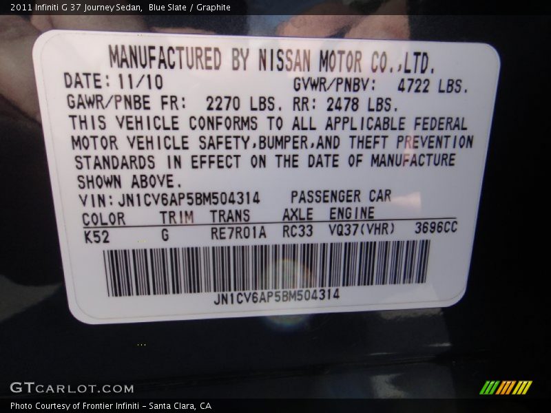 Blue Slate / Graphite 2011 Infiniti G 37 Journey Sedan