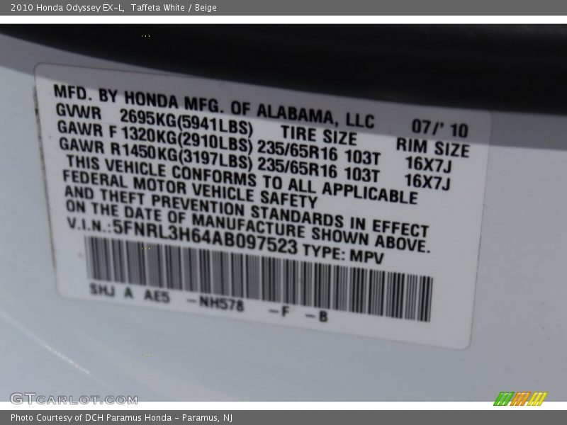 Taffeta White / Beige 2010 Honda Odyssey EX-L