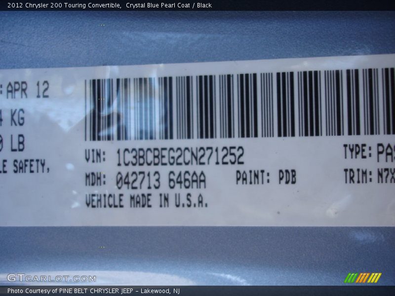 Crystal Blue Pearl Coat / Black 2012 Chrysler 200 Touring Convertible