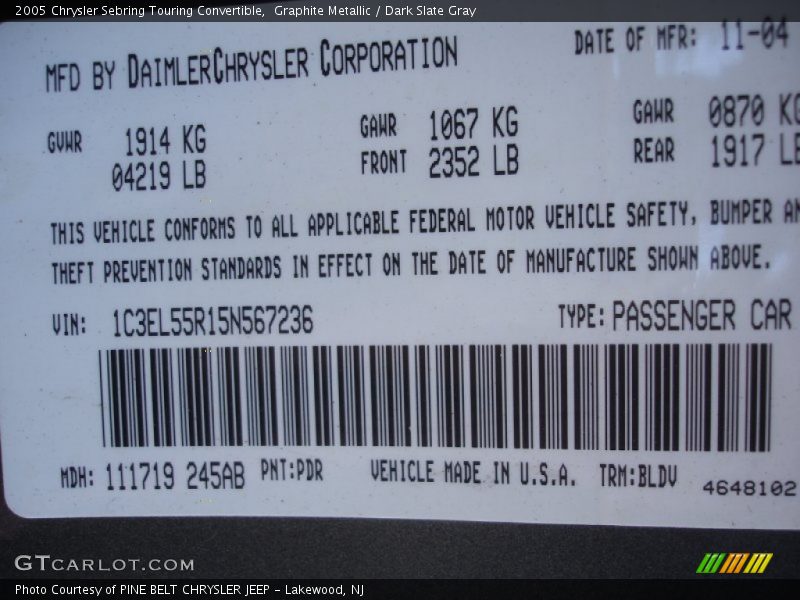 Graphite Metallic / Dark Slate Gray 2005 Chrysler Sebring Touring Convertible