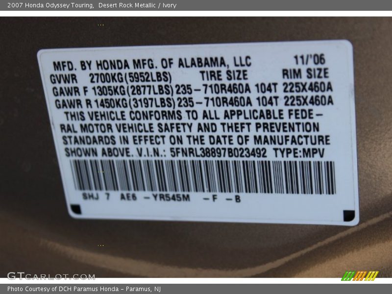 Desert Rock Metallic / Ivory 2007 Honda Odyssey Touring
