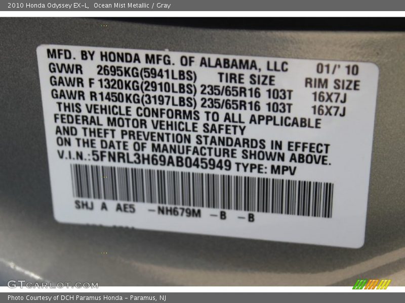 Ocean Mist Metallic / Gray 2010 Honda Odyssey EX-L