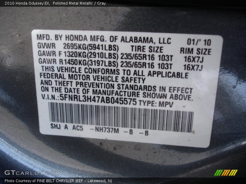 Polished Metal Metallic / Gray 2010 Honda Odyssey EX