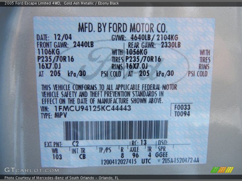 2005 Escape Limited 4WD Gold Ash Metallic Color Code C2