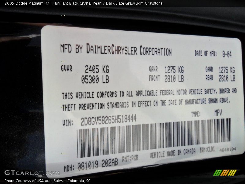 2005 Magnum R/T Brilliant Black Crystal Pearl Color Code PXR