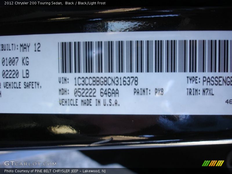 Black / Black/Light Frost 2012 Chrysler 200 Touring Sedan