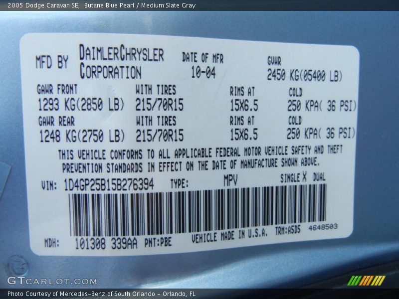 2005 Caravan SE Butane Blue Pearl Color Code PBE
