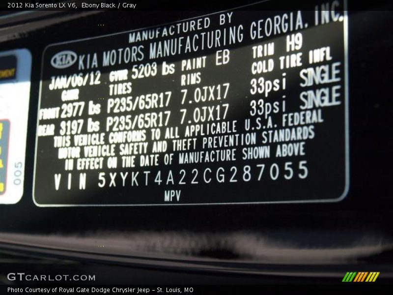 Ebony Black / Gray 2012 Kia Sorento LX V6