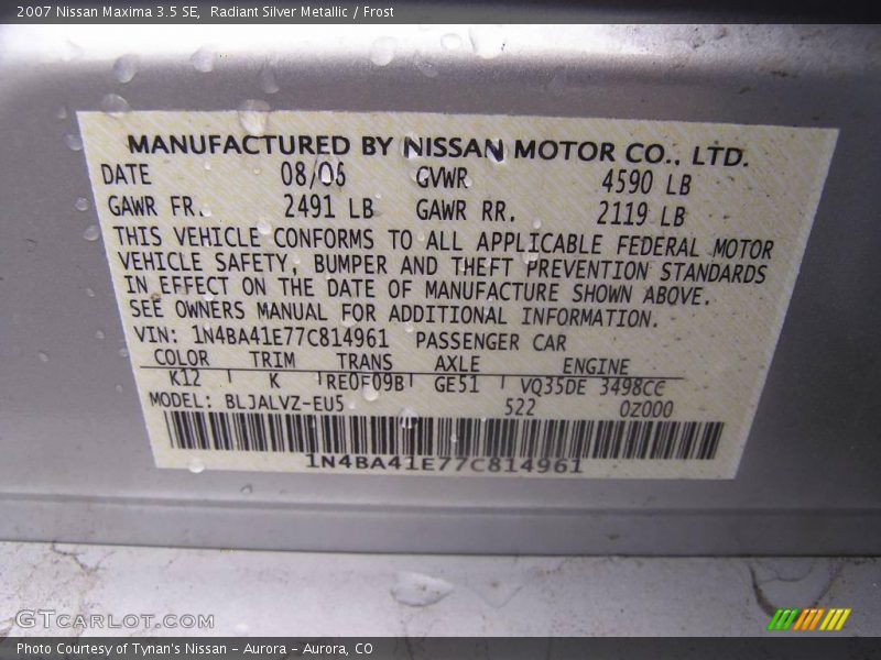 Radiant Silver Metallic / Frost 2007 Nissan Maxima 3.5 SE