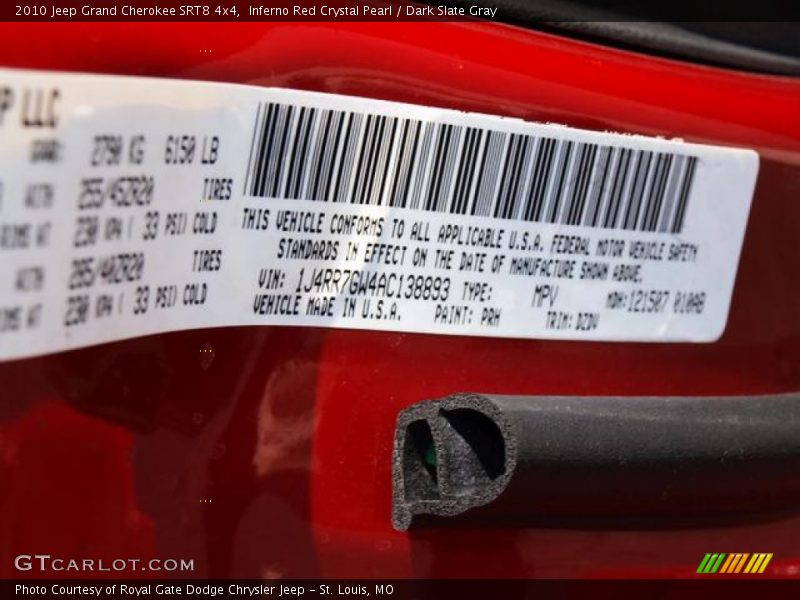 2010 Grand Cherokee SRT8 4x4 Inferno Red Crystal Pearl Color Code PRH