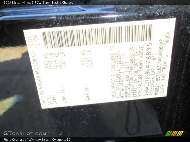 Super Black / Charcoal 2009 Nissan Altima 2.5 SL