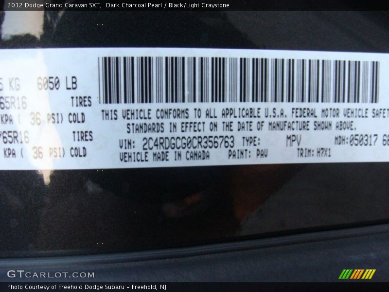 Dark Charcoal Pearl / Black/Light Graystone 2012 Dodge Grand Caravan SXT