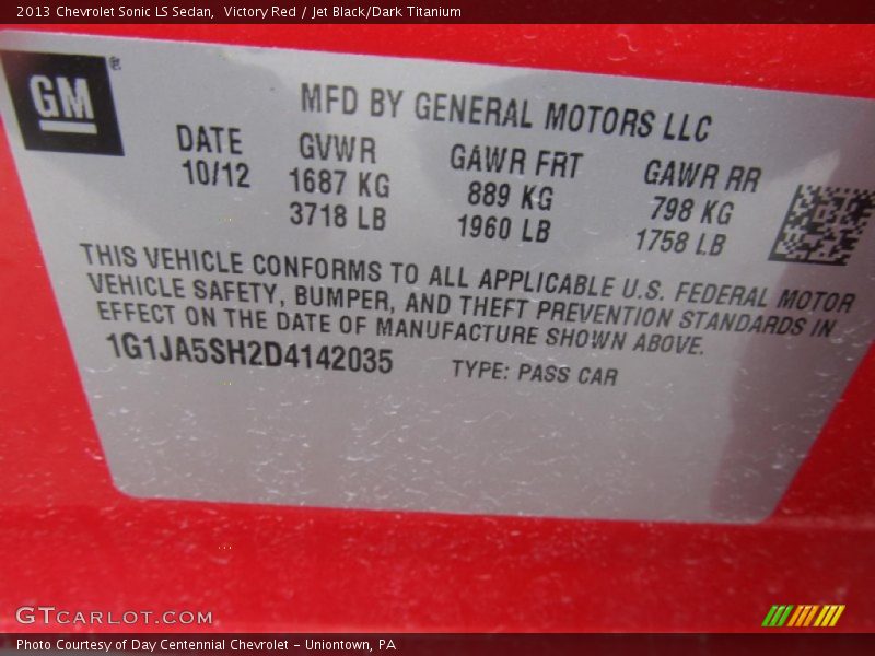 Victory Red / Jet Black/Dark Titanium 2013 Chevrolet Sonic LS Sedan