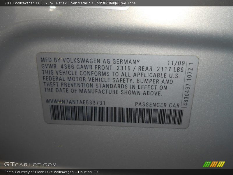 Reflex Silver Metallic / Cornsilk Beige Two Tone 2010 Volkswagen CC Luxury