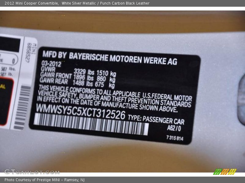 2012 Cooper Convertible White Silver Metallic Color Code A62