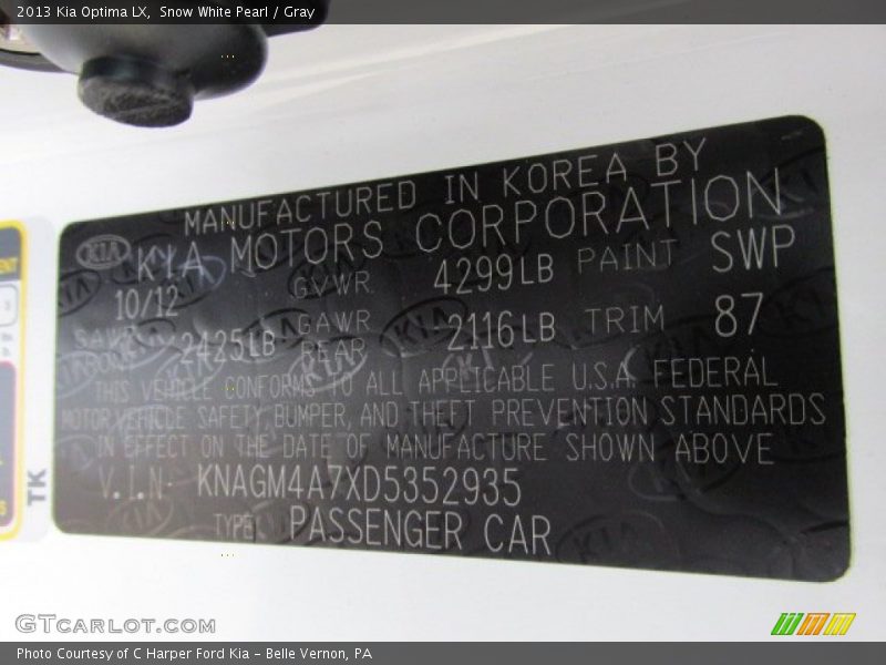 Snow White Pearl / Gray 2013 Kia Optima LX