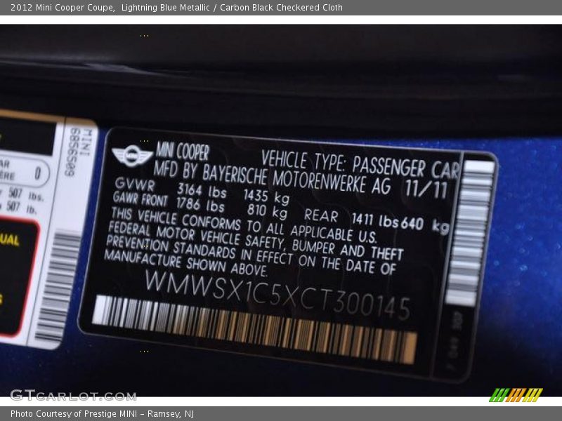 Lightning Blue Metallic / Carbon Black Checkered Cloth 2012 Mini Cooper Coupe